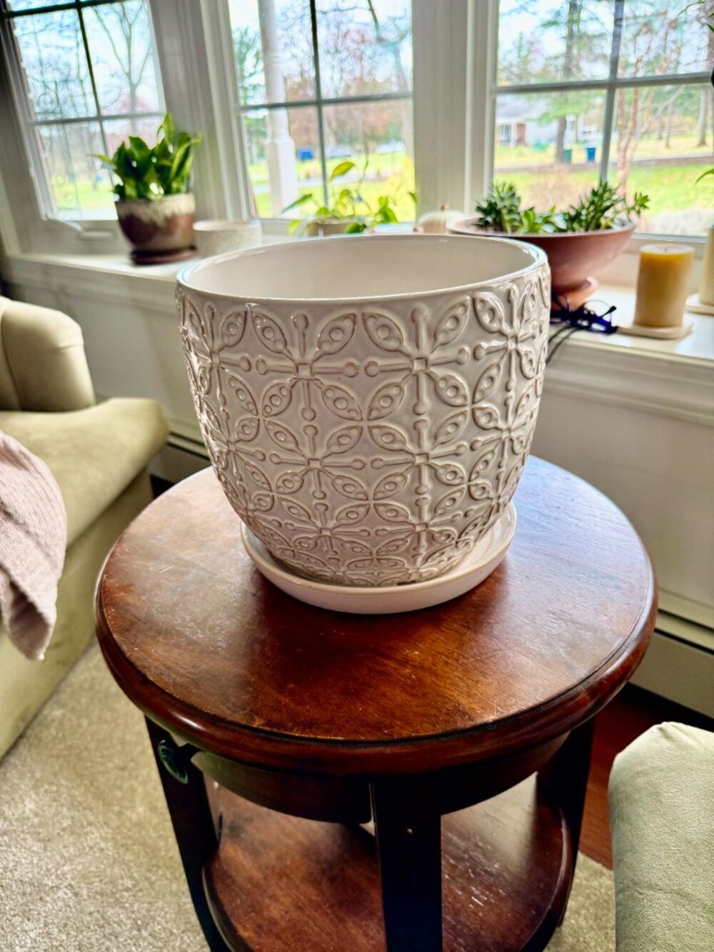 Large Ceramic Plant Pot Attached Saucer Drainage Hole White & Beige Planter